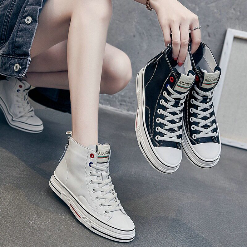 鞋子运动休闲拉链底板平底休闲鞋运动子女女运小白鞋高帮鞋