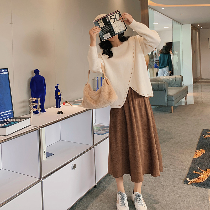 蓝语胖妹妹mm设计感针织衫毛衣半身裙两件套大码女装冬装宽松套装