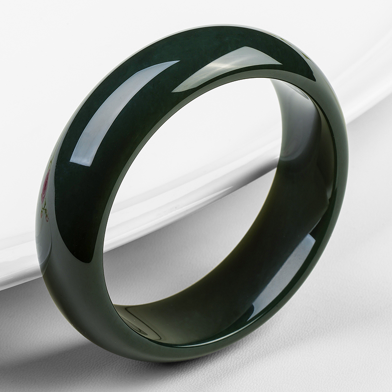 碧玉尊和田玉墨玉手镯女款玉镯子墨绿色珠宝玉石玉器正品证书新疆