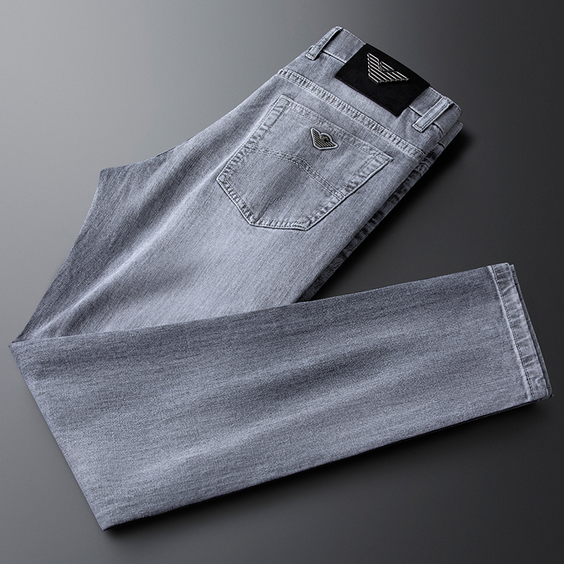 轻奢欧货夏季浅灰色牛仔裤男修身小脚男士高品质商务弹力休闲裤子