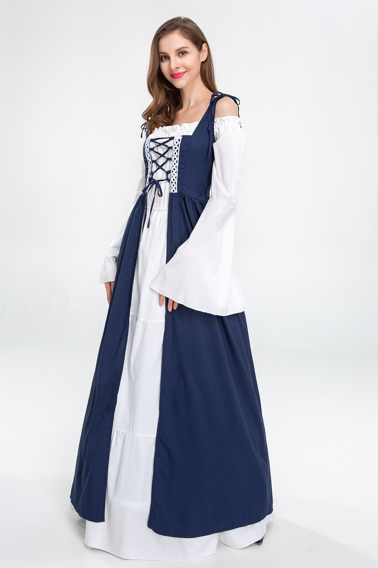 万圣节大码cos欧洲中世纪复古绑带束腰连衣裙一字民族服装