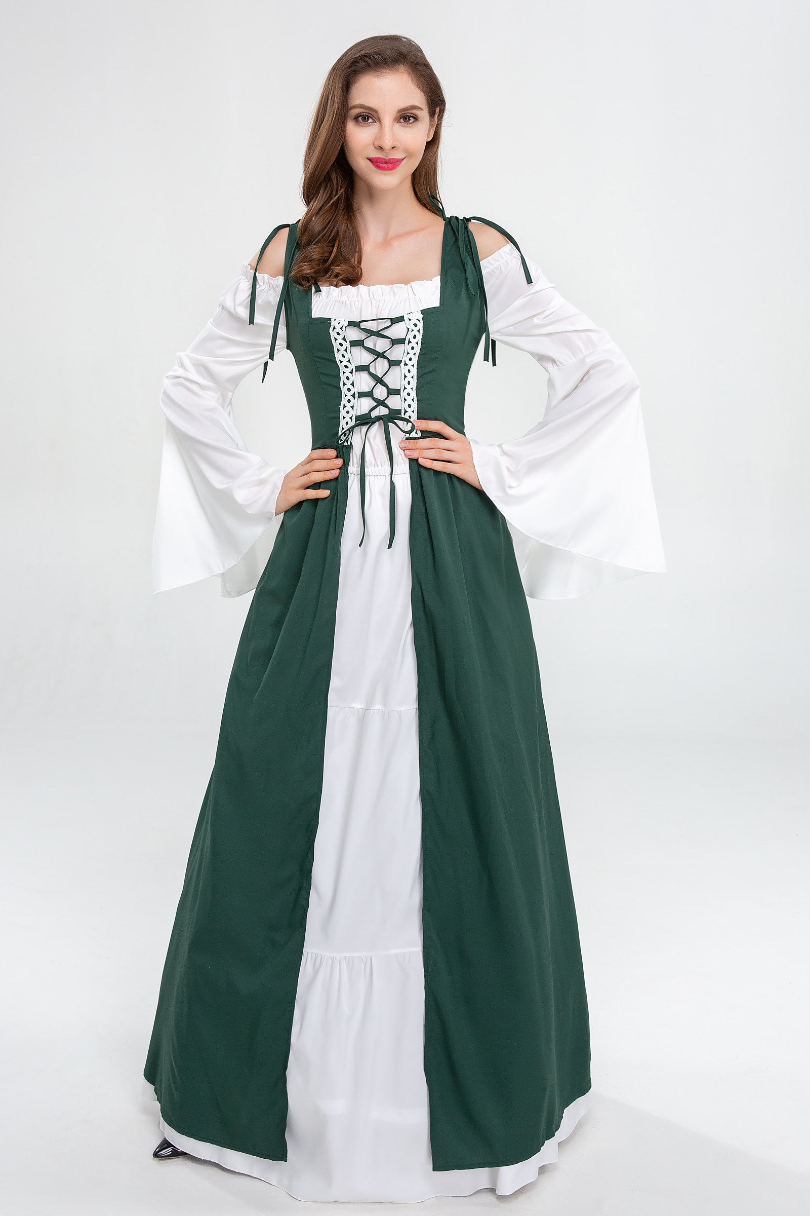 万圣节大码cos欧洲中世纪复古绑带束腰连衣裙一字民族服装