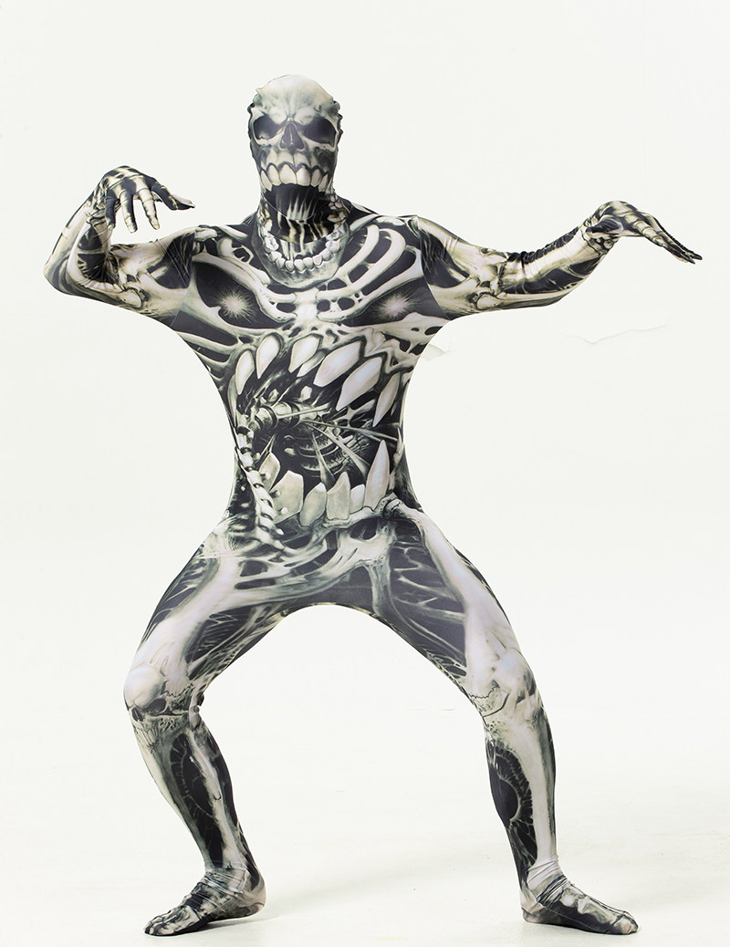 万圣节恐怖死亡骷髅人全包紧身变形印花连体衣全包民族服装