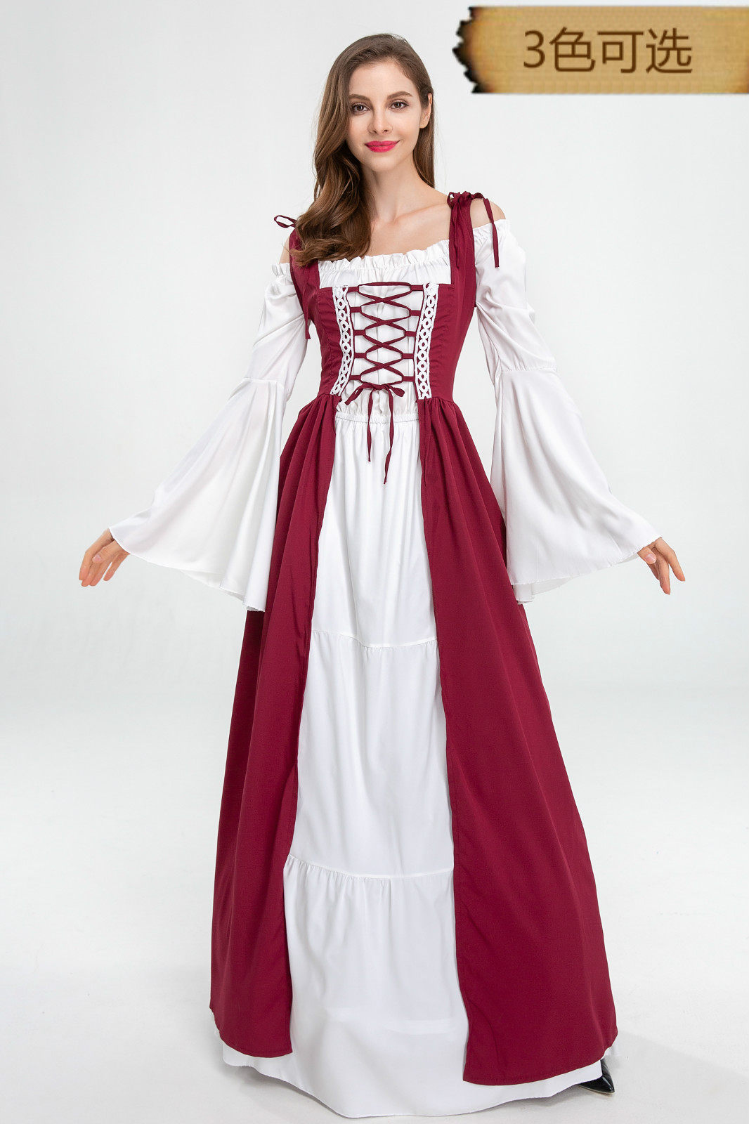 万圣节大码cos欧洲中世纪复古绑带束腰连衣裙一字民族服装