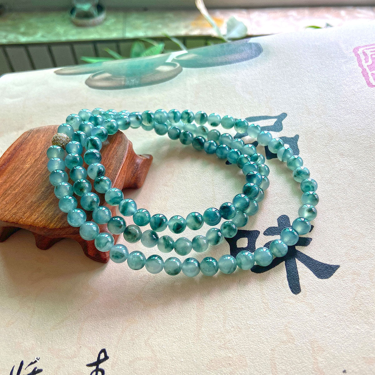 善诚翡翠天然翡翠货冰蓝花圆珠玉石珠串项链108颗珠宝奇石