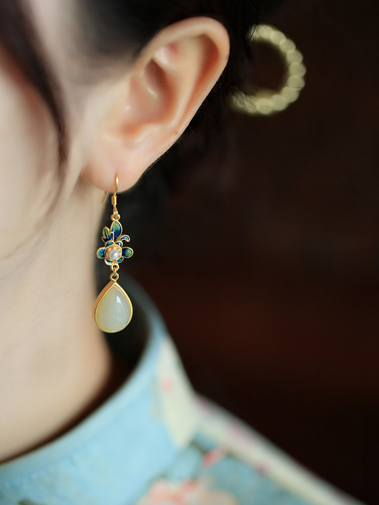 小银匠纯银古法金镶和田耳环珐琅花朵中国国风耳环