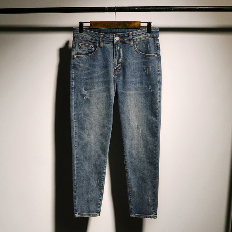 春秋弹力浅色修身九分做旧牛仔裤男士男装韩版潮流休闲9分小脚裤