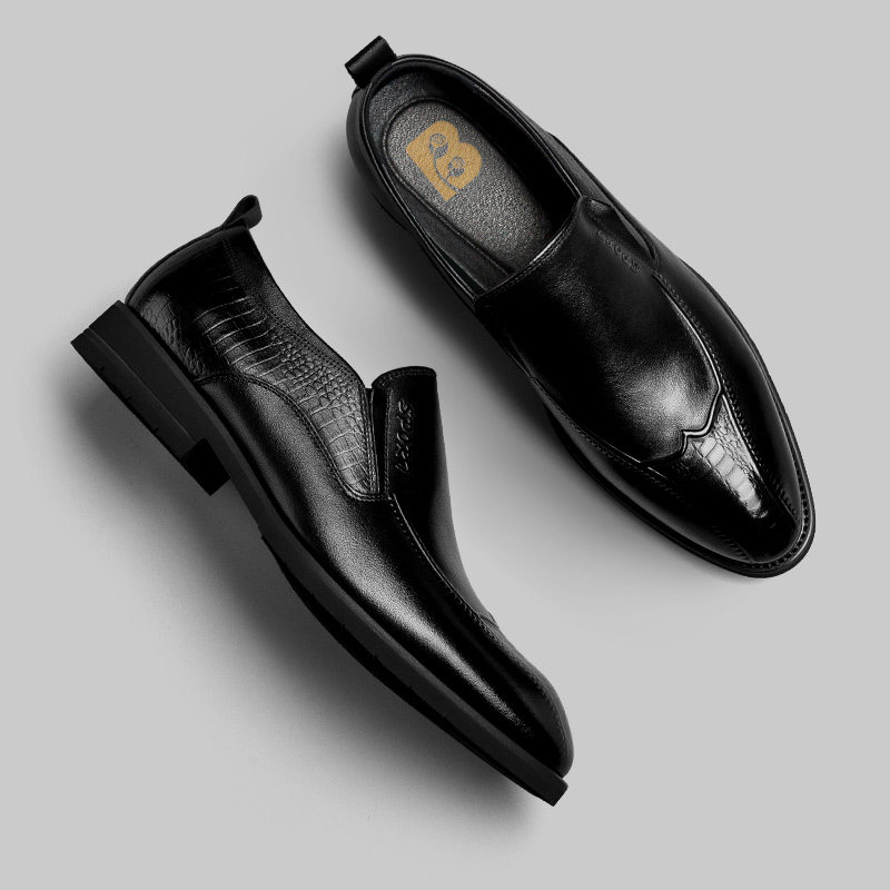 帛梵男鞋正装男士皮鞋真皮英伦套脚格纹鞋头牛皮正装皮鞋