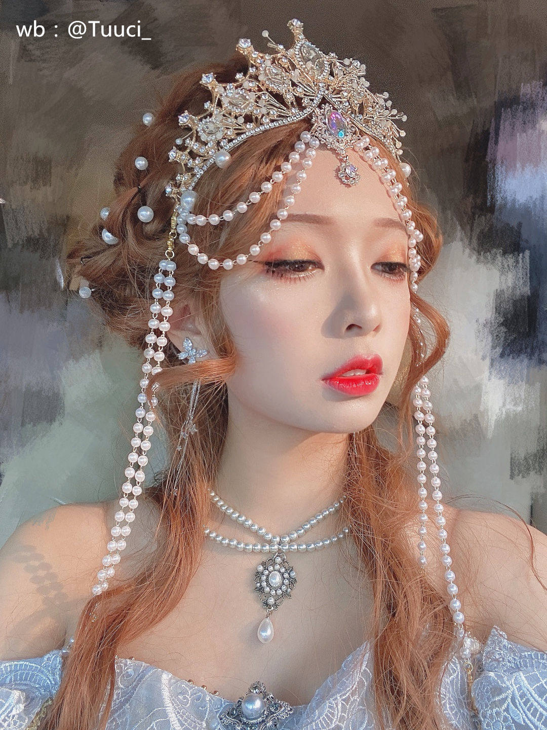 洛丽塔lolita原创水晶圣母光环环发珍珠流苏王冠发饰