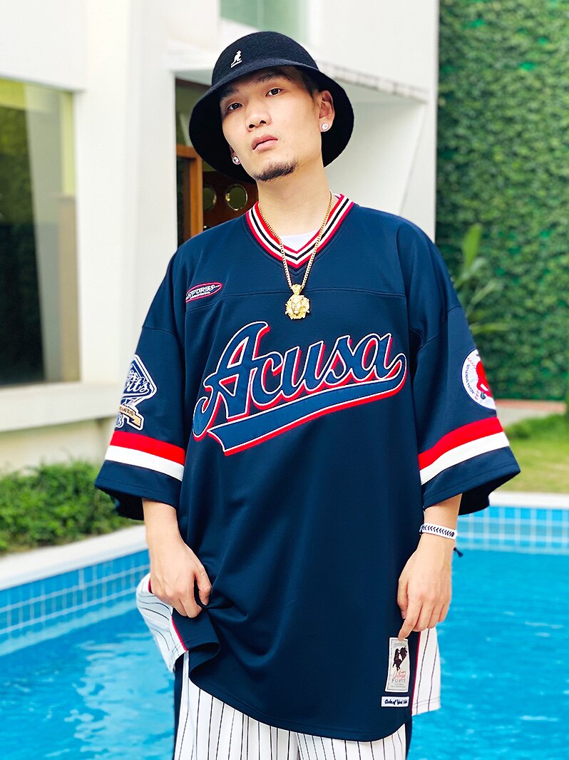 acusasports复古棒球套头短袖球衣织纹双层刺绣棒球服