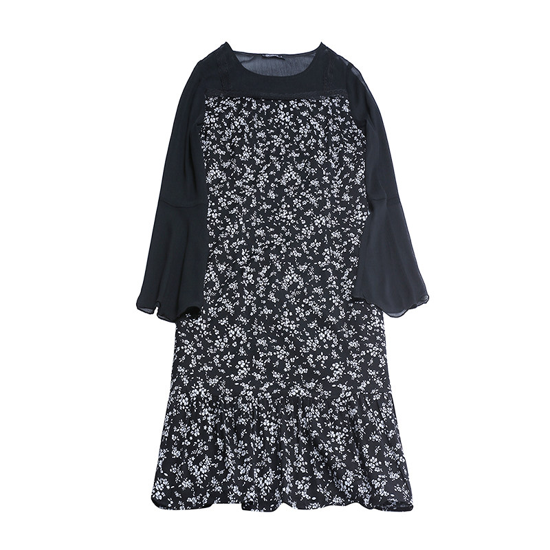 高级感小黑裙雪纺拼接棉绸黑白碎花直筒a字连衣裙春夏大码女气质