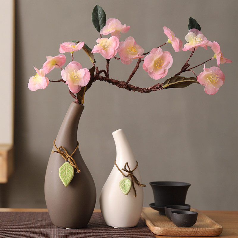 日式 饰摆件吊坠陶瓷花瓶组合套装 禅意家居手工仿真樱花梅花插装 - 