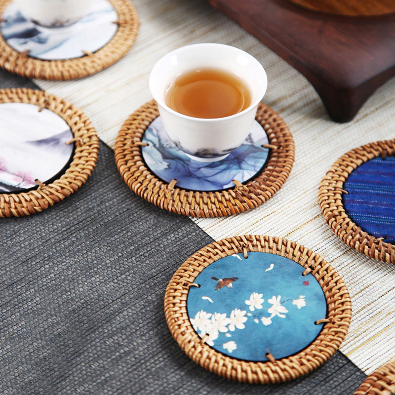 手工越南南藤布艺杯垫套装功夫茶隔热创意养壶杯垫