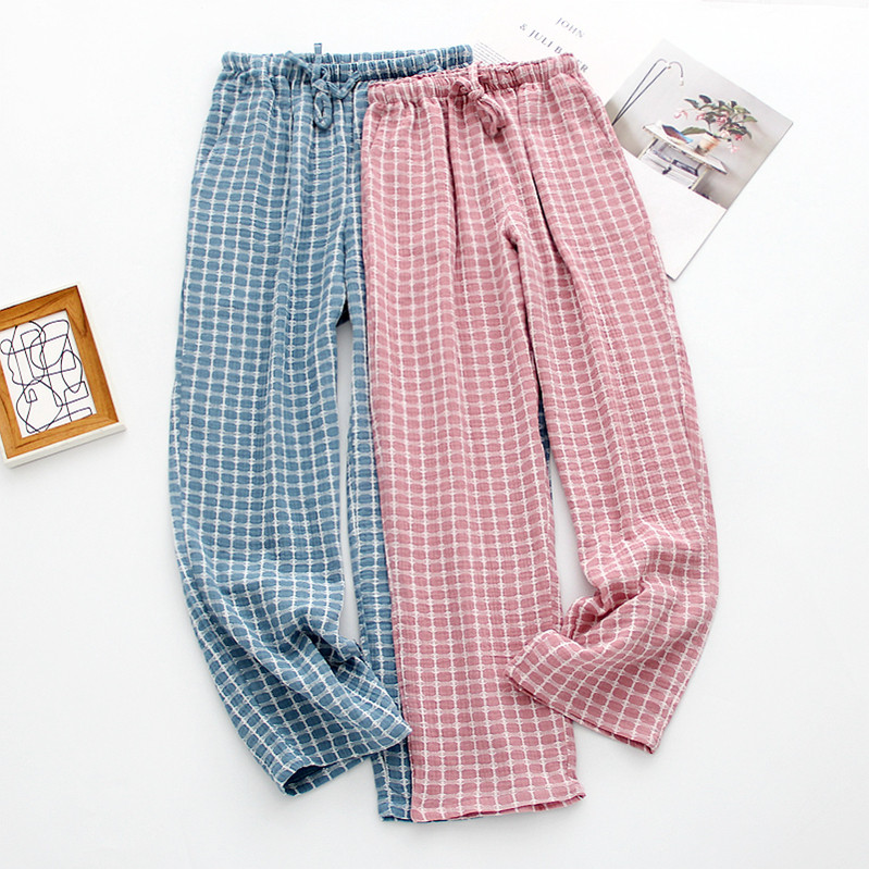 日系纯棉格子睡裤男士春秋秋季纱布长裤全棉睡裤
