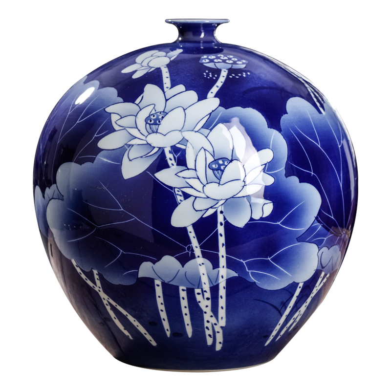 景德镇陶瓷器手绘荷花青花瓷花瓶摆件新中式中式客厅花瓶