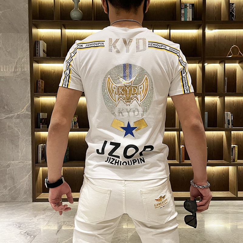 2021新款夏季男士半袖韩版潮流修身织带烫钻休闲帅气潮牌短袖T恤