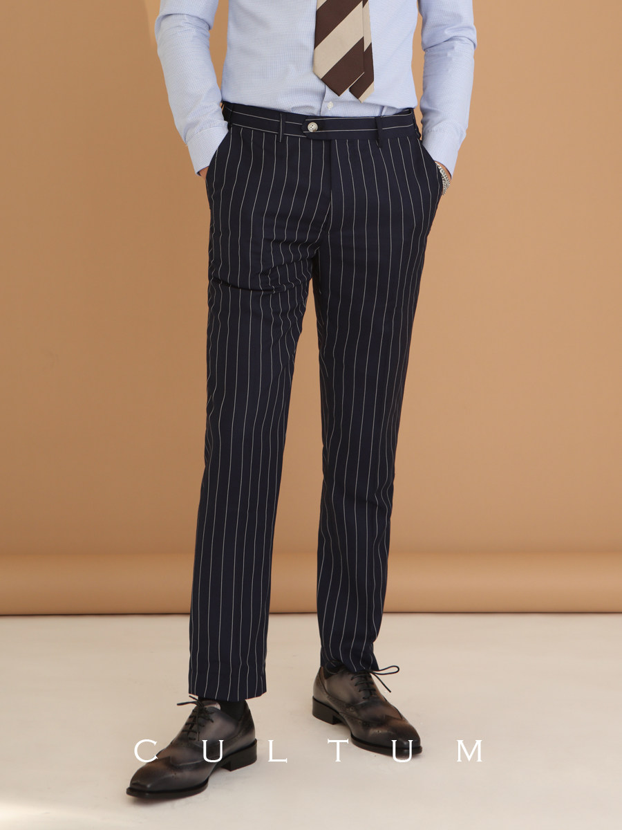 松紧商务条纹西装裤男修身韩版潮流休闲直筒西裤