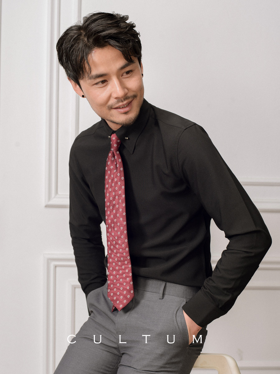 带领针免烫长袖白色衬衫男商务绅士大尖领韩版修身潮流黑色衬衣