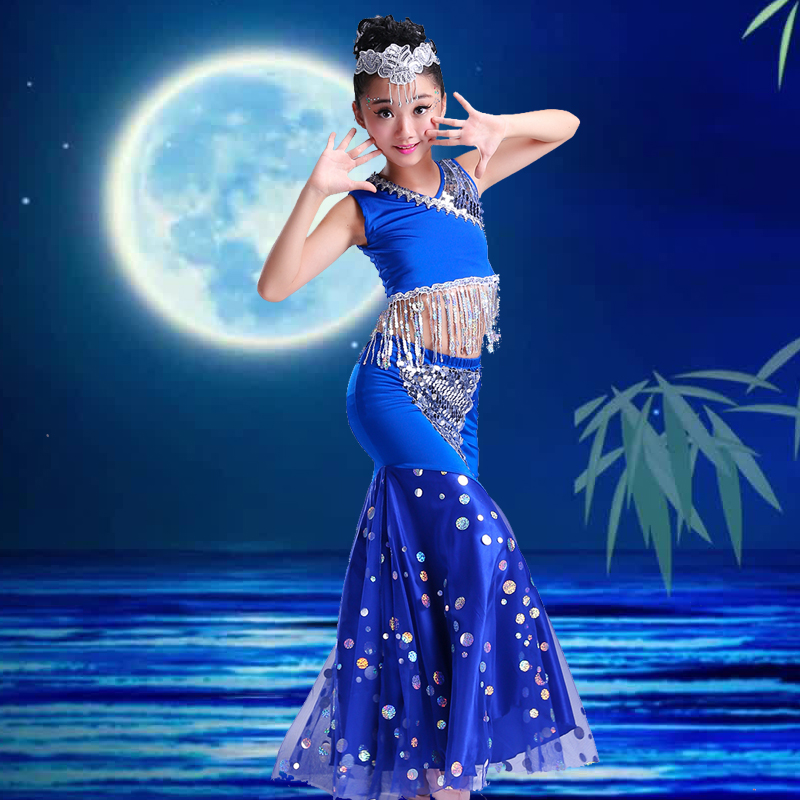 儿童演出服傣族舞蹈服装女童西双版纳孔雀舞宝蓝幼儿儿童演出服