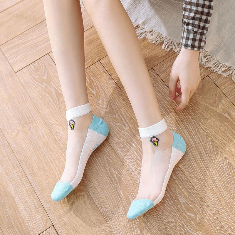 夏天袜子薄款女短袜浅口ins潮可爱水晶玻璃丝纯棉底超薄夏季女袜