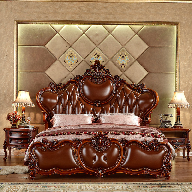 欧式双人卧室真皮古典实木雕花风格奢华公主实木床