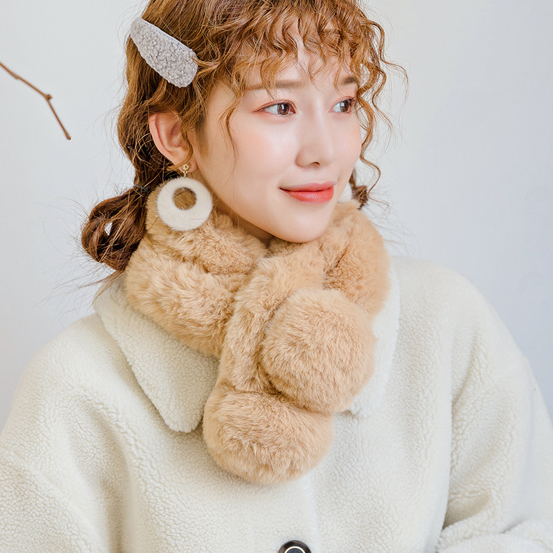 秋冬季围巾女冬仿兔毛纯色毛毛韩版可爱交叉毛绒围脖毛球百搭学生