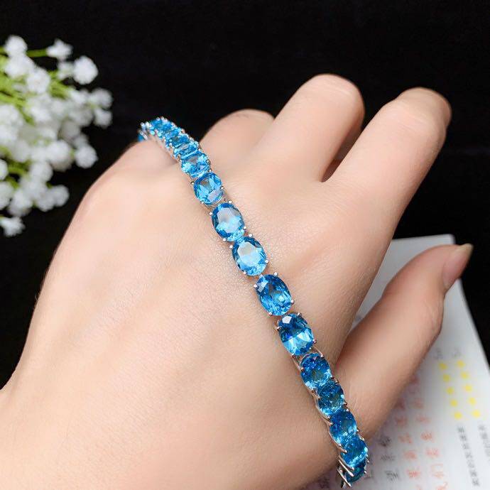 天然瑞士蓝托帕石手链全净体火火彩闪主石8mm20手链