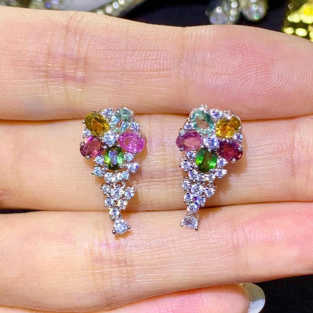 镶嵌天然碧玺耳钉火彩爆闪颜色漂亮糖果色搭配耳环