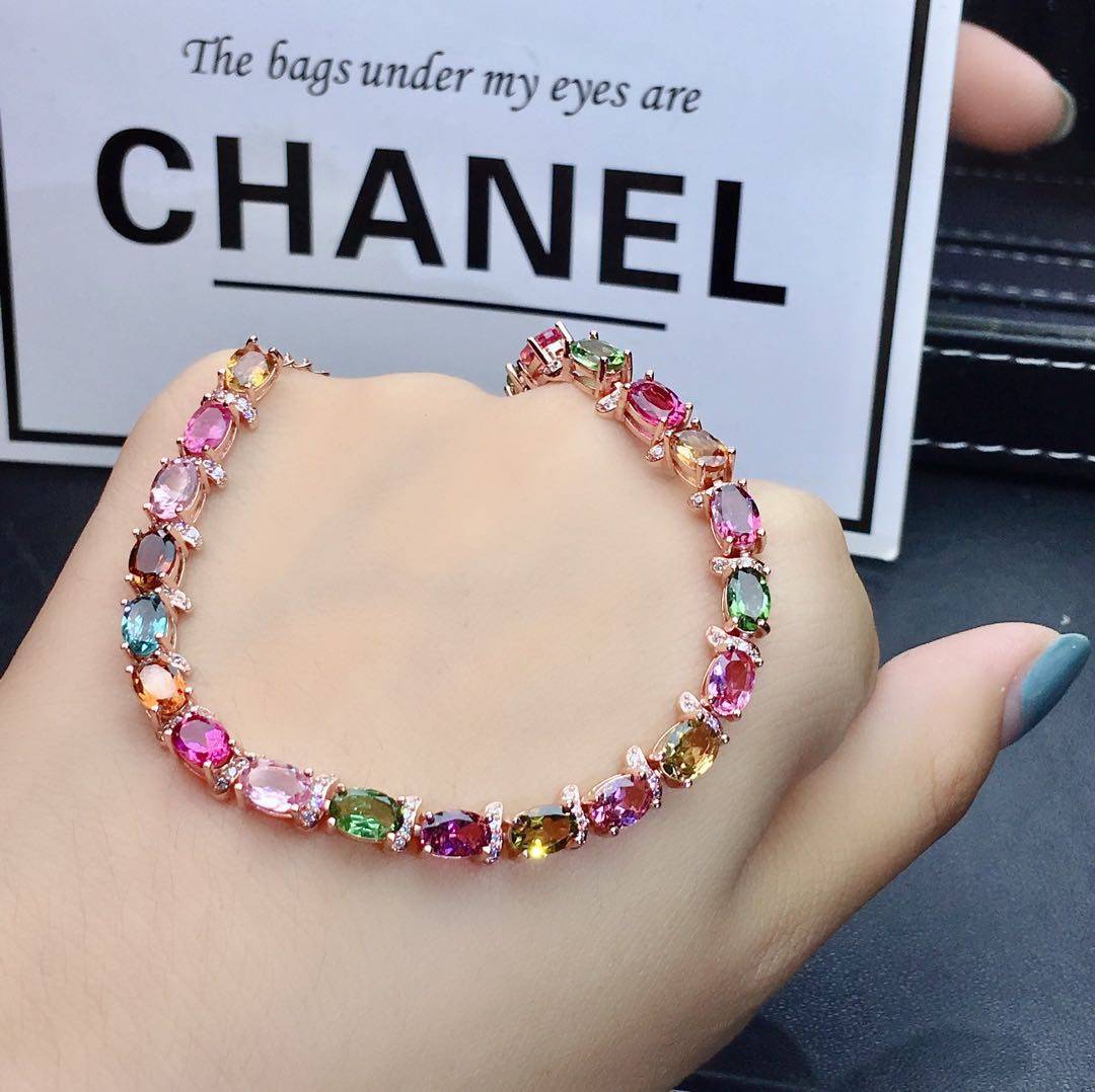 镶嵌天然巴西糖果色碧玺手链主石6mm小清新豪华手链