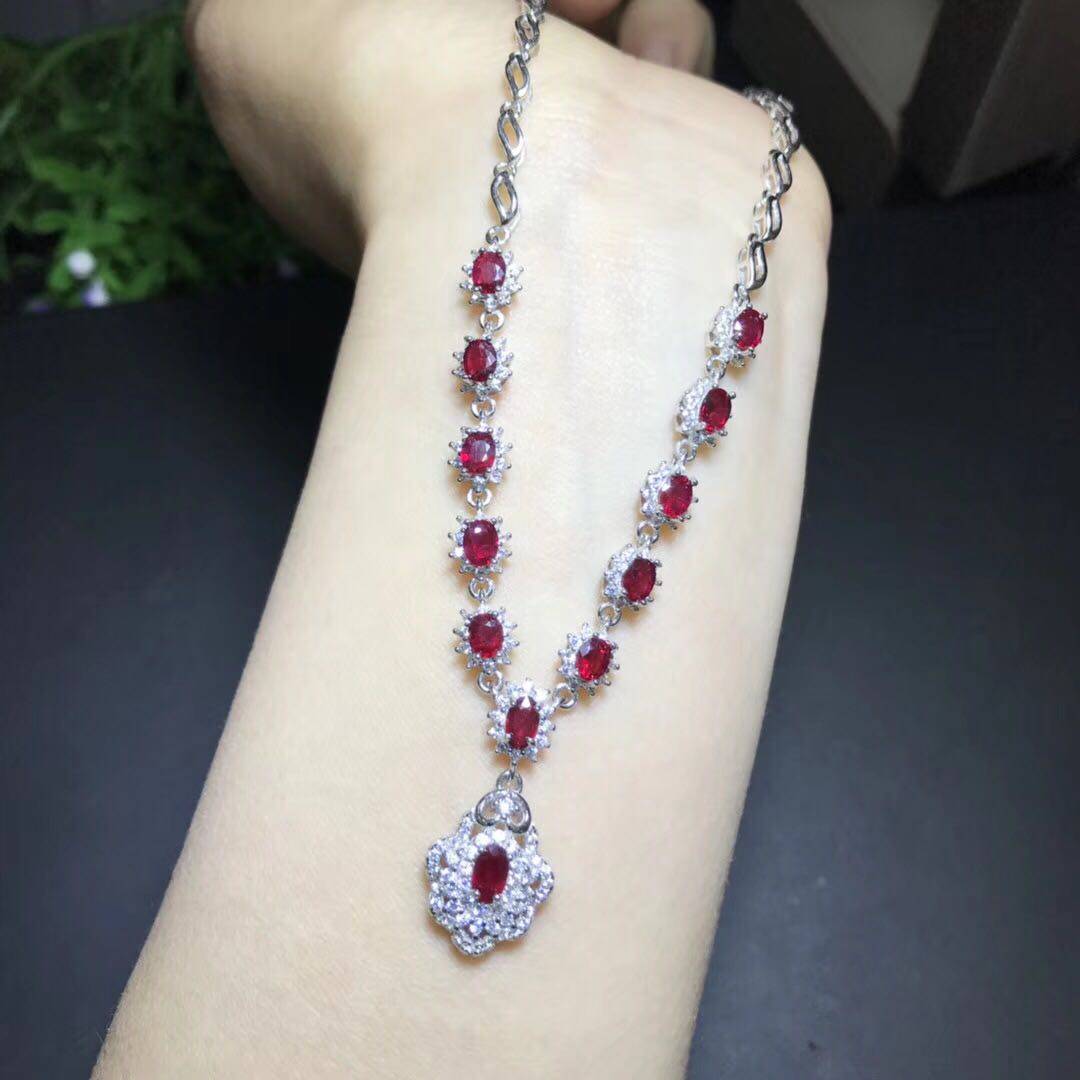 血红红宝石项链银镶天然链排5mm项链