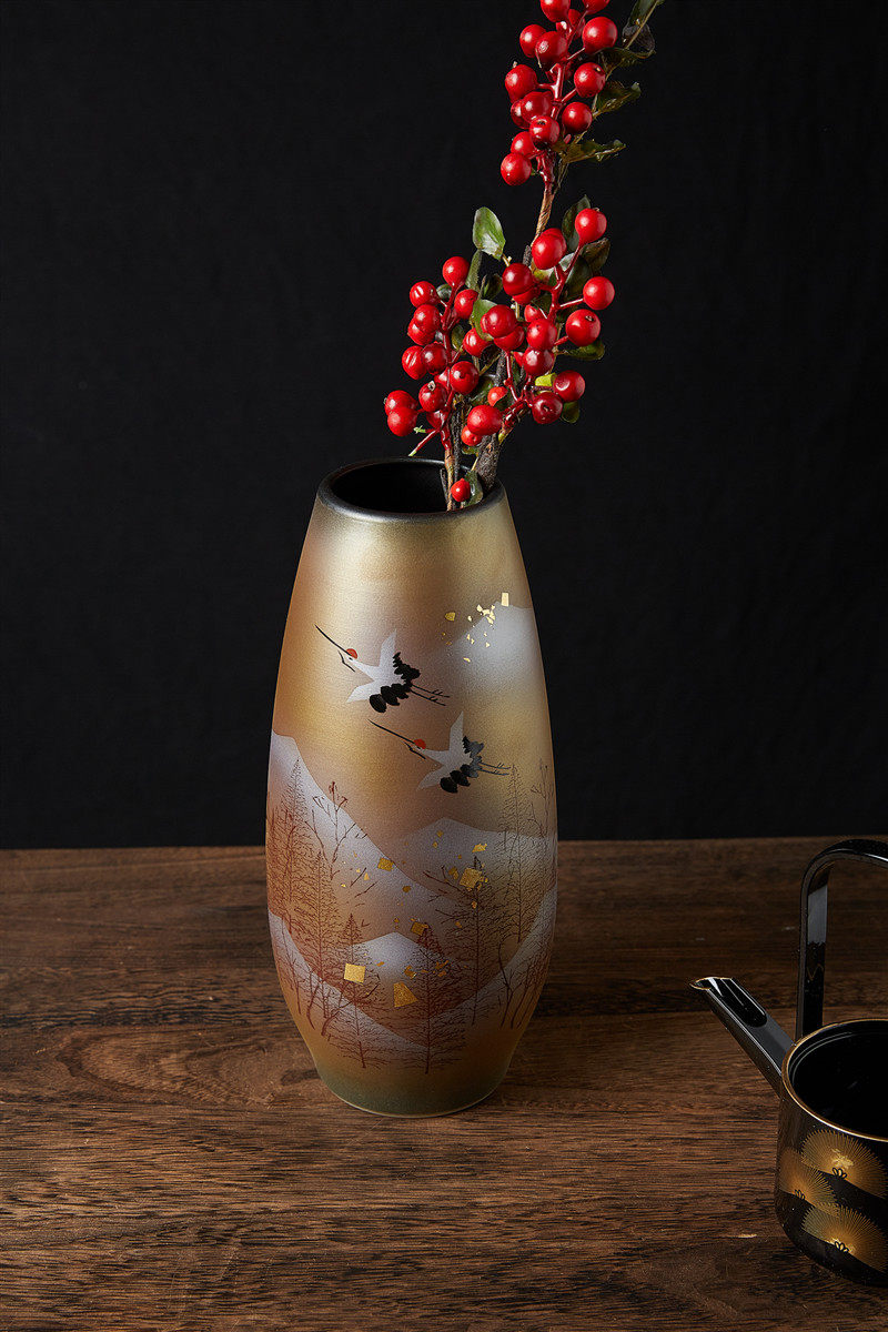 日本原装进口九谷烧陶瓷花瓶祥鹤金箔创意花器家居花瓶