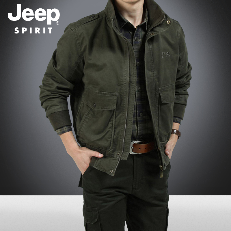 JEEP夹克男春秋季军装立领短款男装休闲宽松纯棉工装上衣男士外套