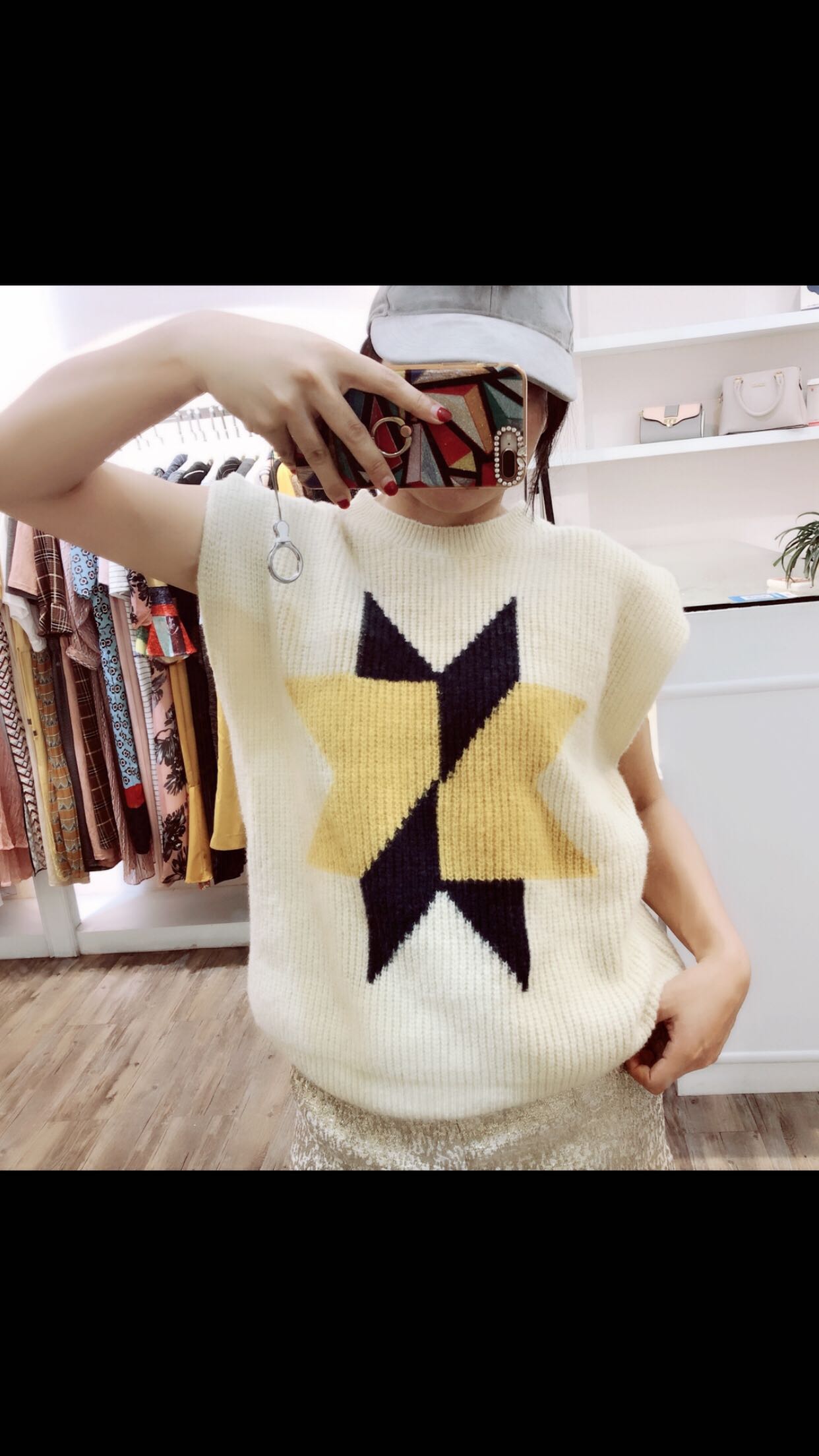 2018韩国秋冬新款宽松百搭八角星棱格毛衣