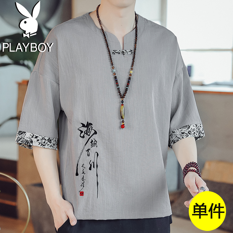 花花公子棉麻短袖套装男夏季国潮中国风刺绣t恤夏装汉服冰丝唐装