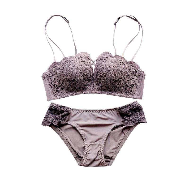 蕾丝文胸套装复古内衣性感深v聚拢无钢圈镂空交叉细带少女小胸罩