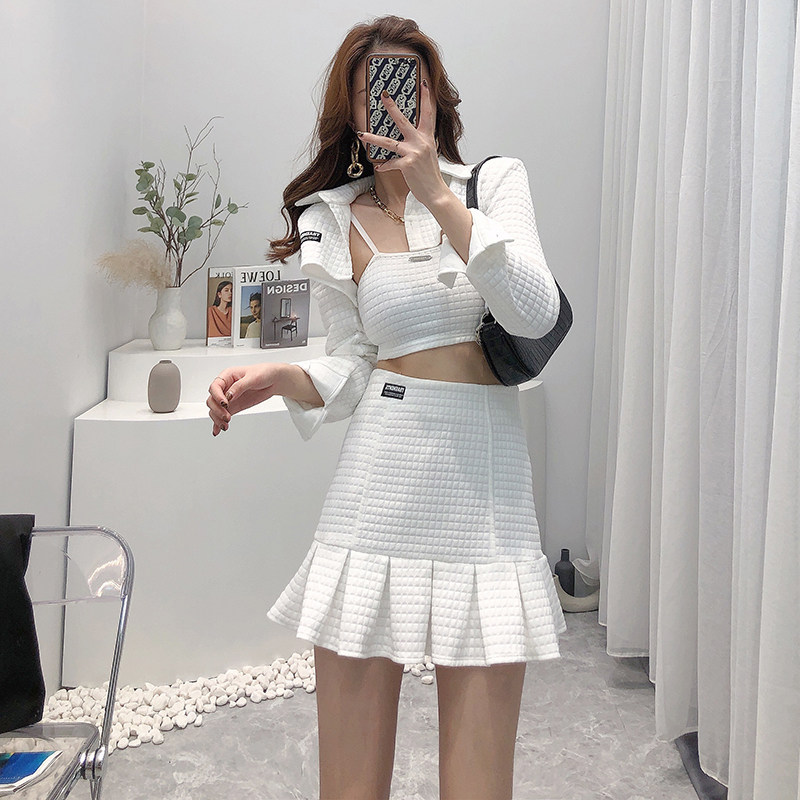 时尚吊带半身鱼尾背心抹胸开衫炸街坎肩长袖时尚套装