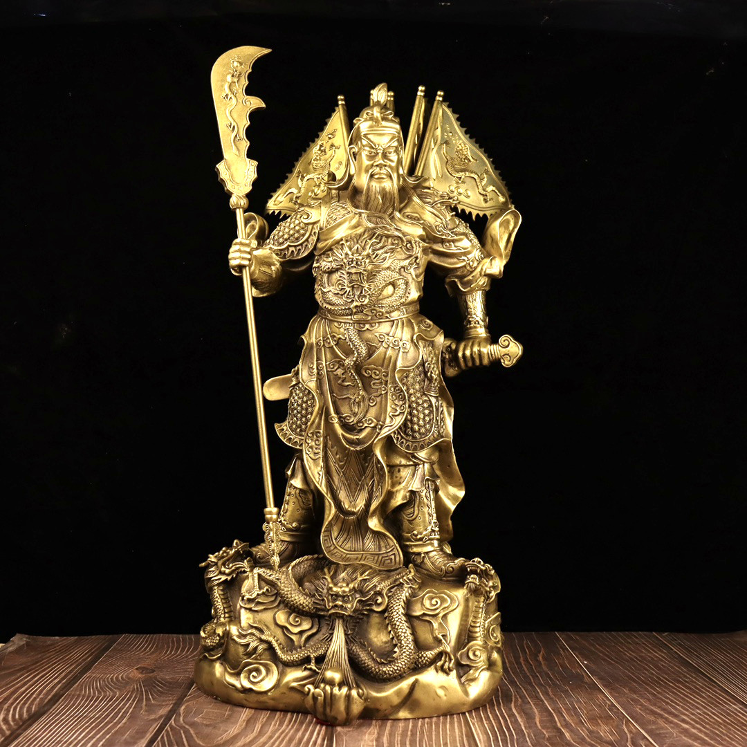 大号纯铜战袍关公铜像立刀关帝神像九龙二爷摆件