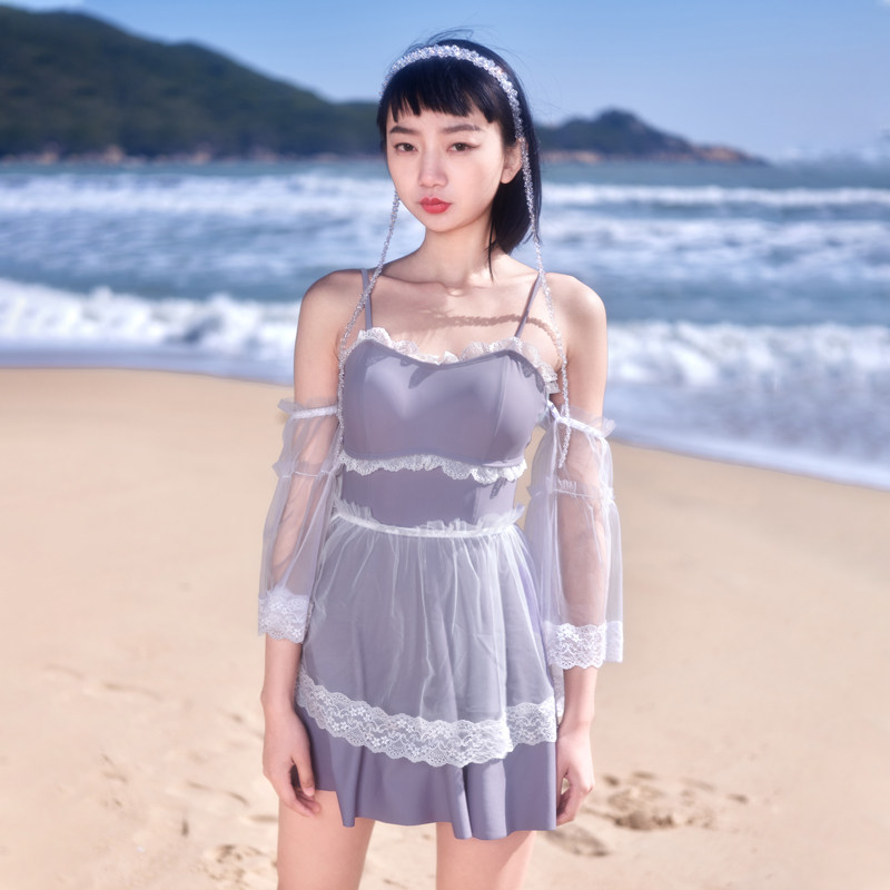蕾丝吊带泳装夏季遮肚中袖连体泳衣三件件套连体泳衣