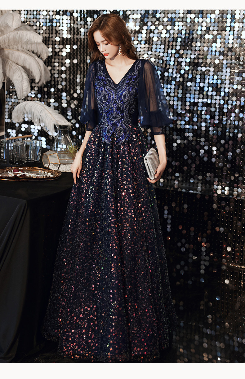 蓝色晚礼服长款2020新款高端宴会气质修身时尚礼服