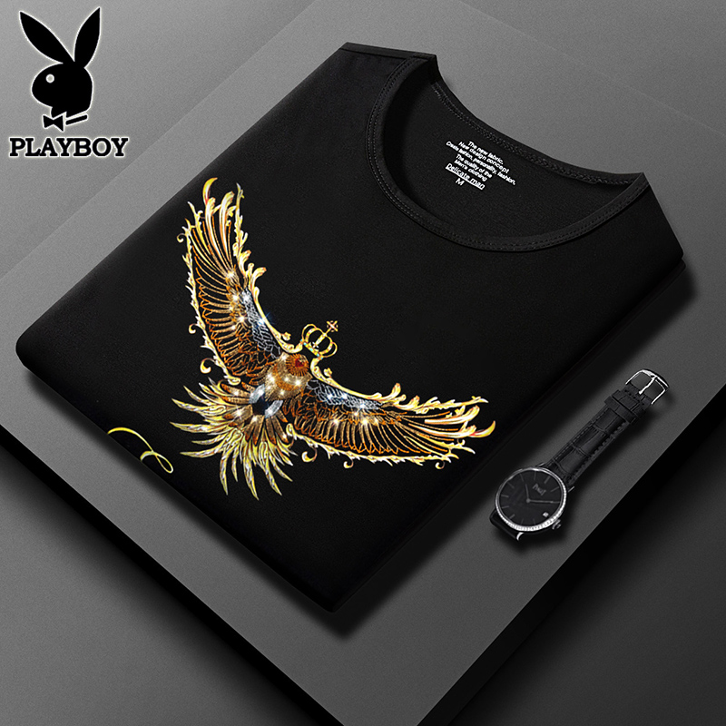 花花公子夏季冰丝短袖烫钻t恤男潮牌胖子加肥大码半袖丝光棉体恤