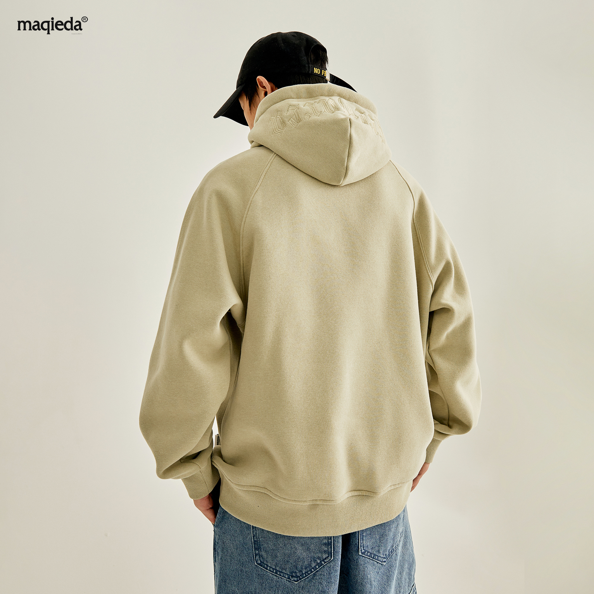 马切达春季美式薄款卫衣男士宽松纯色春装黑色连帽外套男生春秋款