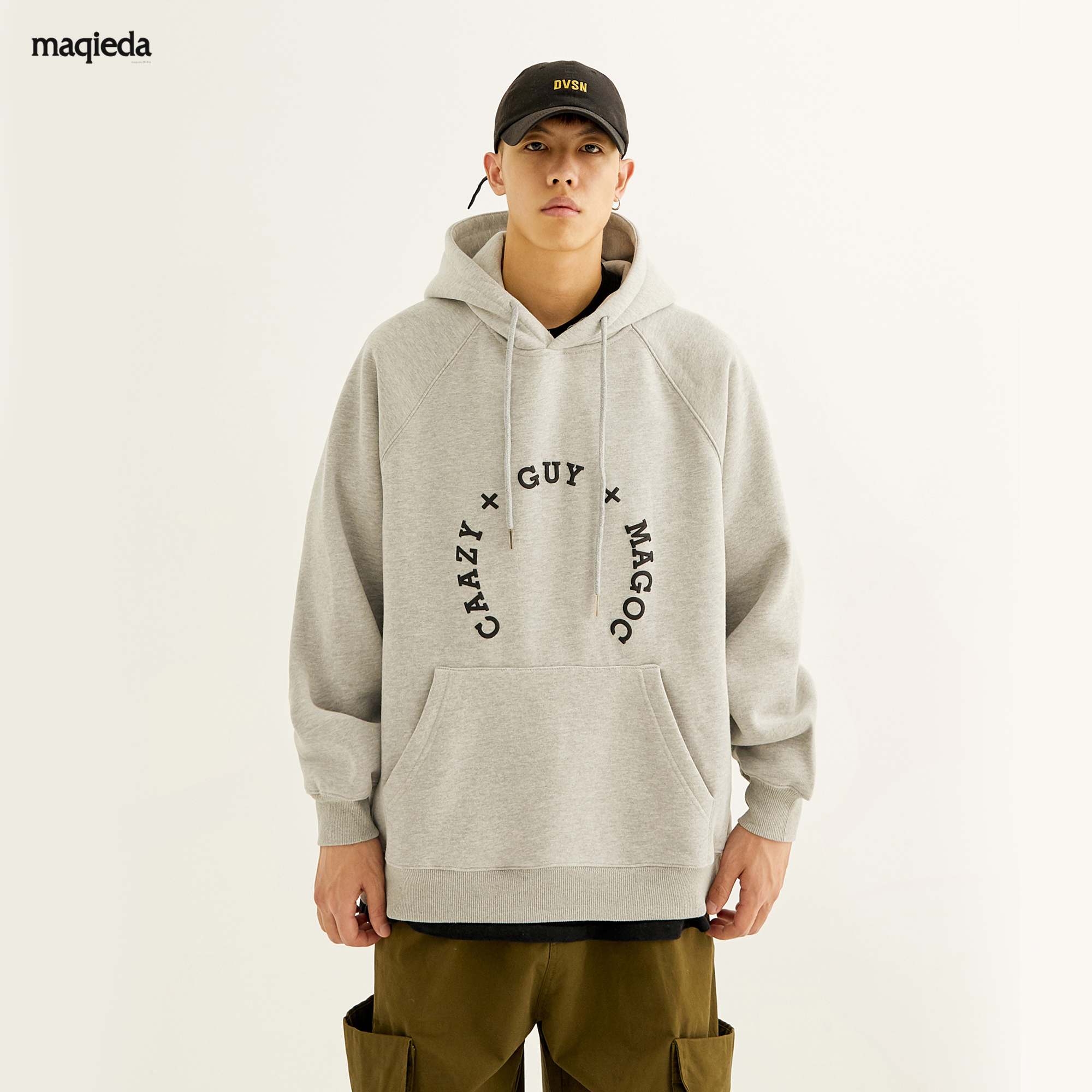 马切达春秋款日系潮流男士加绒连帽卫衣春季宽松百搭薄款上衣春装