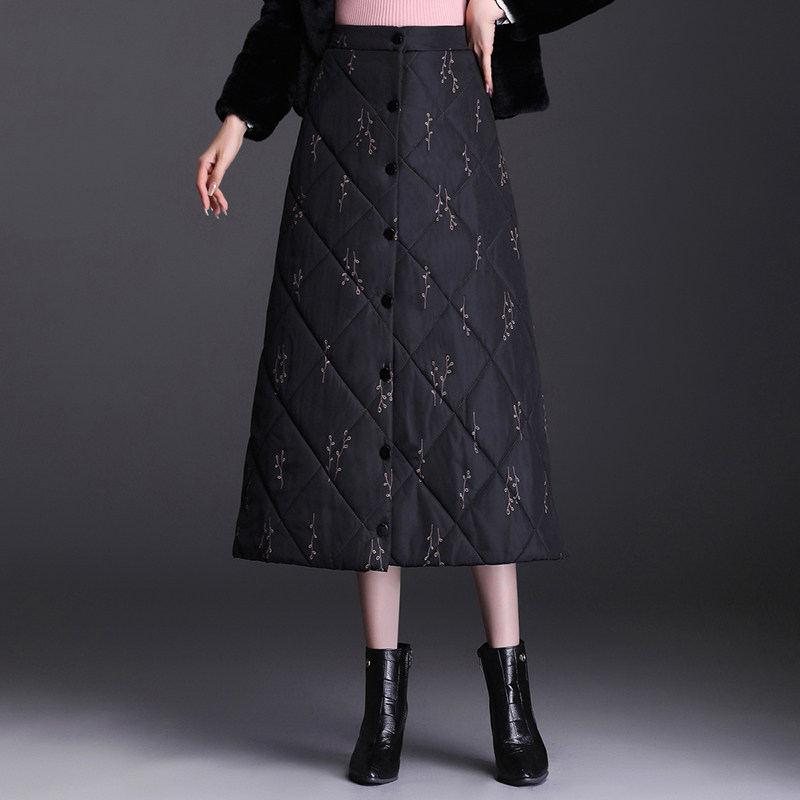 羽绒棉裙女2021冬季保暖中长一片片式印花高腰半身裙