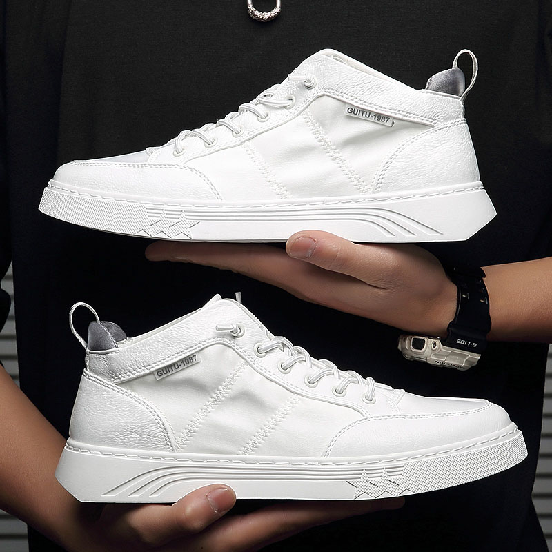 夏季透气高帮板鞋夏款中帮帆布休闲鞋子潮男鞋薄款白色百搭小白鞋