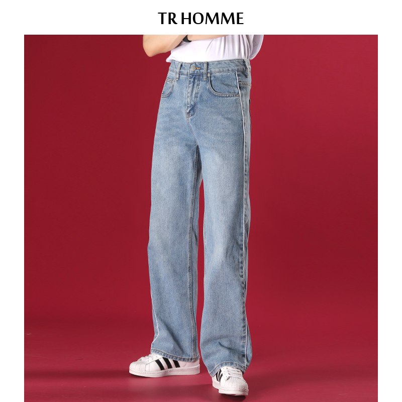 TR 时尚牛仔裤男直筒宽松复古潮流浅蓝色坠感阔腿牛仔长裤男潮牌