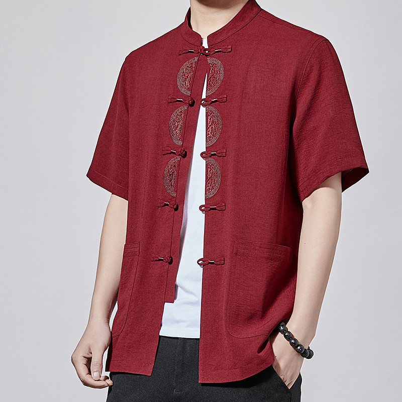 夏季男士短袖薄款中式衬衫中国国风唐装复古衬衫