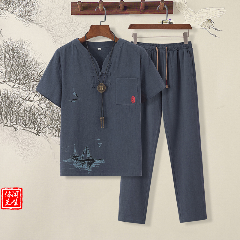 夏季中年男装爸爸装亚麻套装男父亲短袖中老年棉麻套装男爷爷夏装