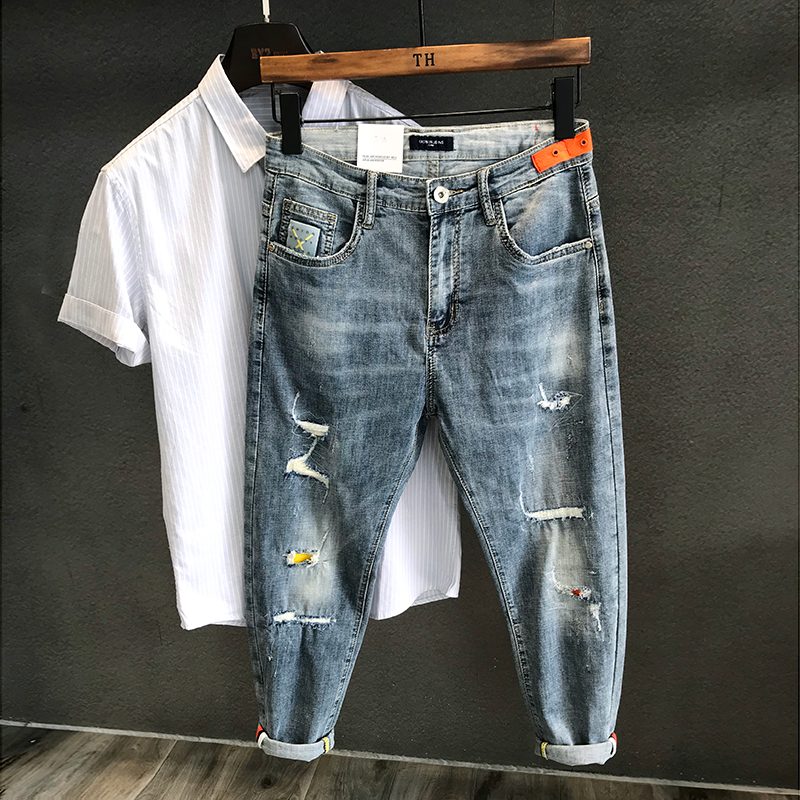 香港版潮牌复古浅色破洞牛仔裤男士修身小脚裤弹力秋季潮流乞丐裤