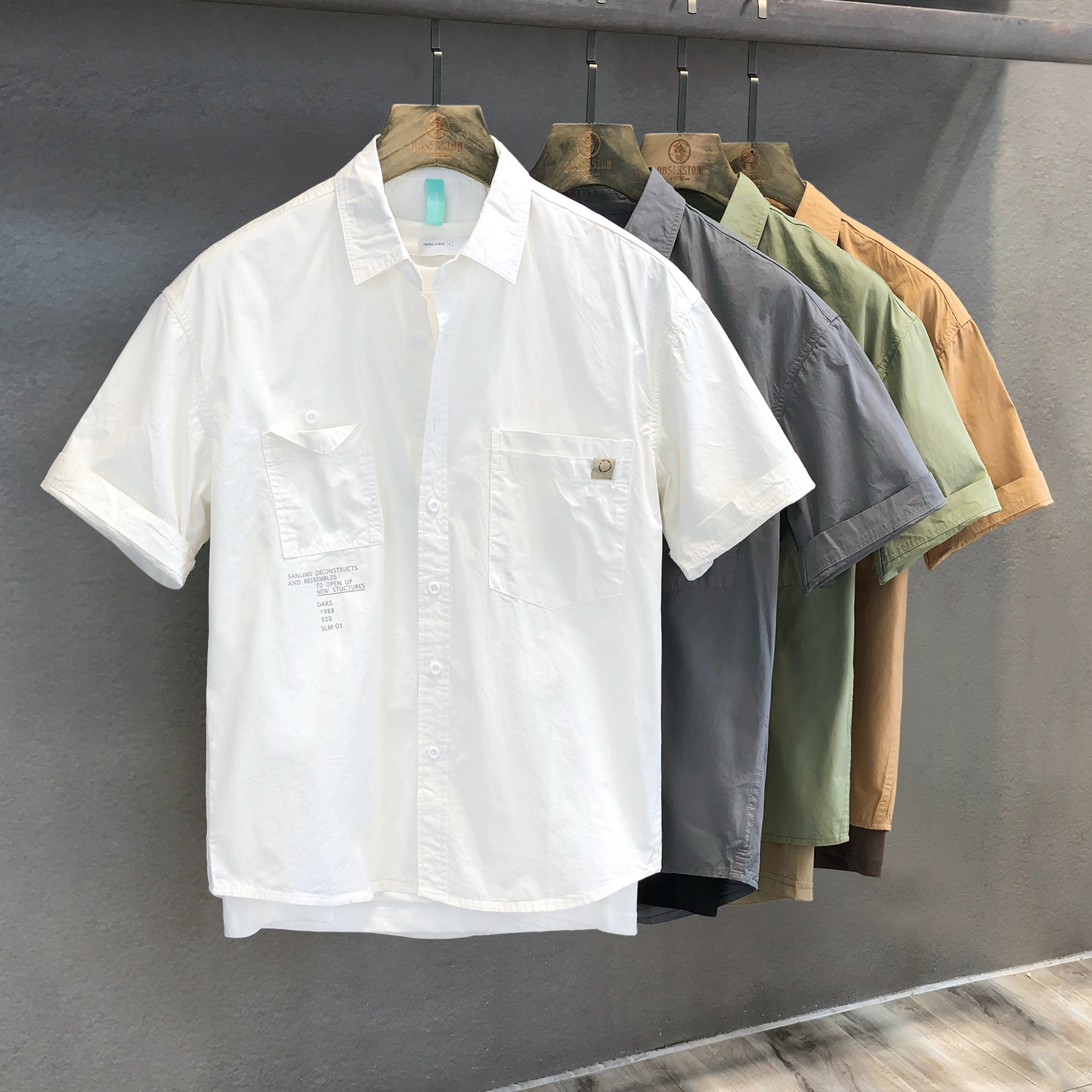 高支细腻匹马棉工装白衬衣短袖衬衫男士夏季薄款宽松外套男五分袖