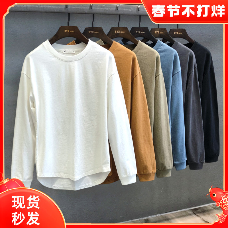 阿美咔叽纯棉卫衣男士宽松圆领春秋季打底衫潮流纯色长袖t恤男装